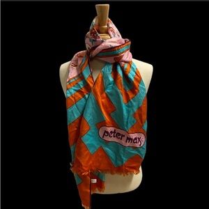 Peter Max Vintage Psychedelic Pop Art Scarf Long Rectangle Orange Pink Rare!